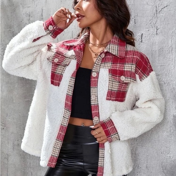New Teddy jacket button up white and plaid - Picture 3 of 7